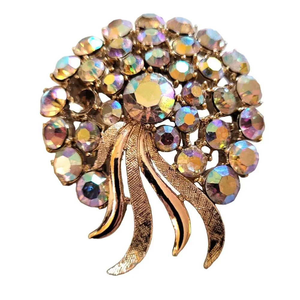 Signed ART Fiery Aurora Borealis Rhinestone Flower Pin Brooch Goldtone Metal MCM